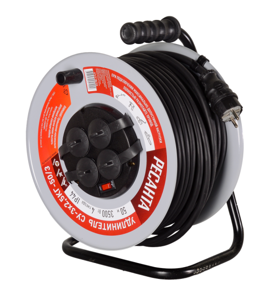 Удлинитель силовой на металлической катушке Ресанта СУ-3х2,5КГ-50/3 (с выкл., 4 розетки, IP44)